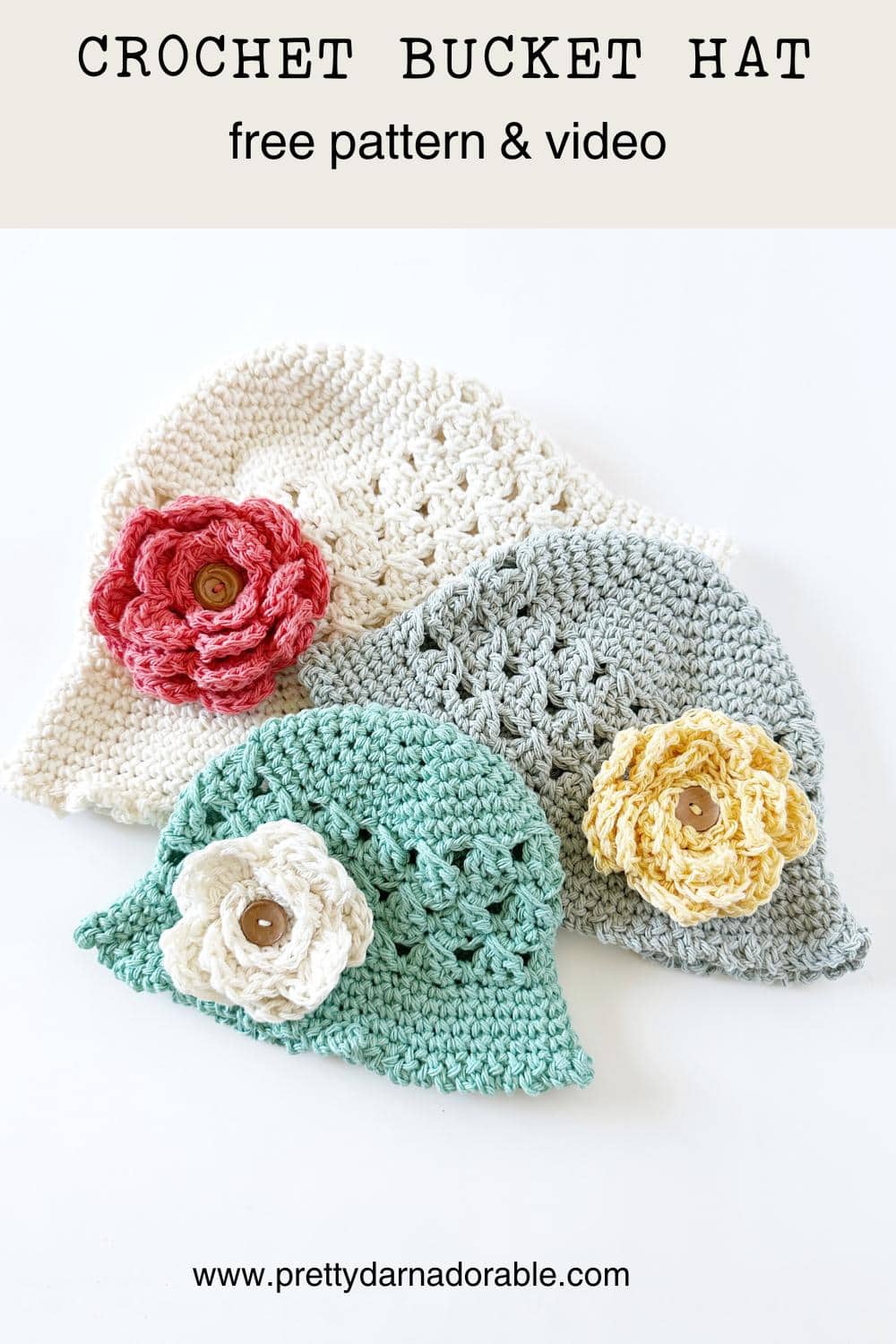 3 crochet bucket hats with crochet roses