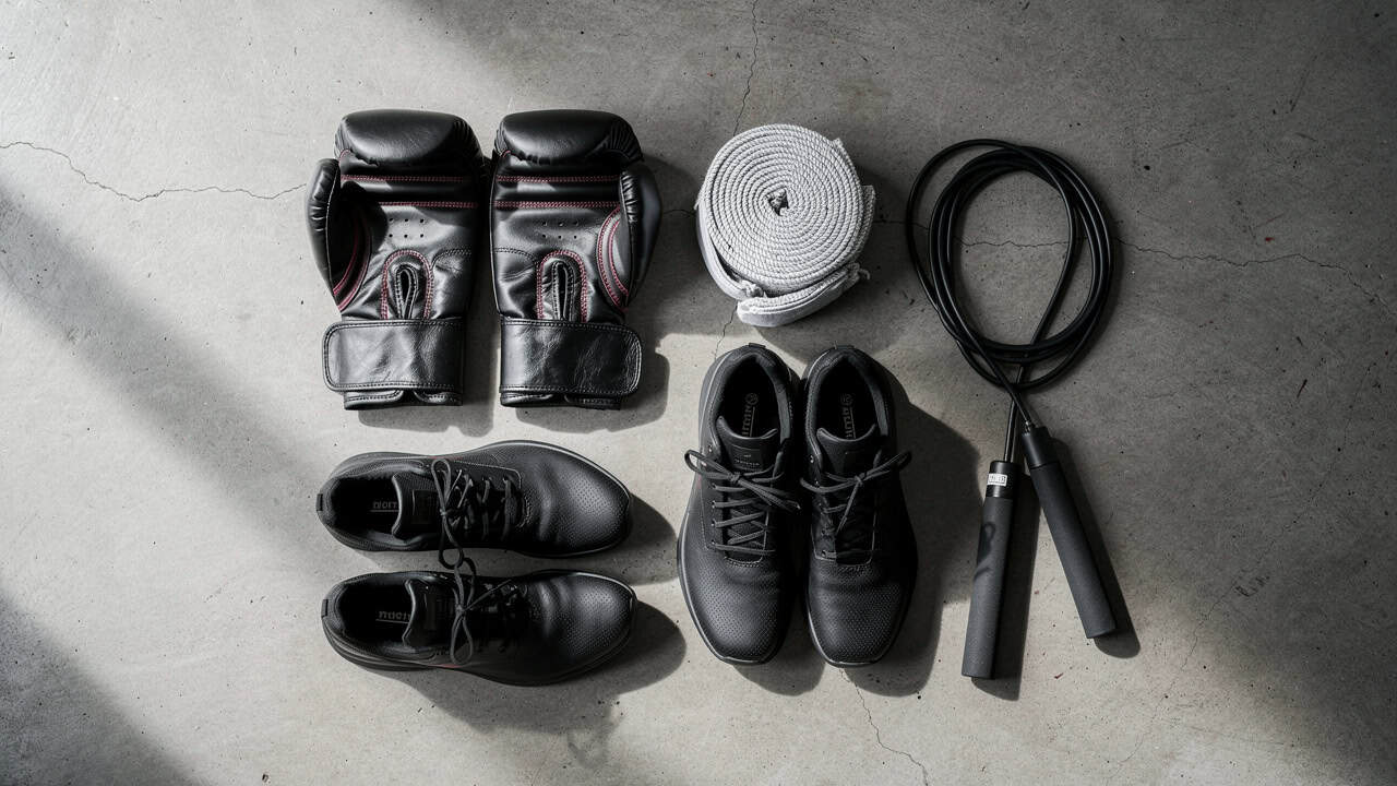 Essential boxing equipment including gloves wraps and shoes