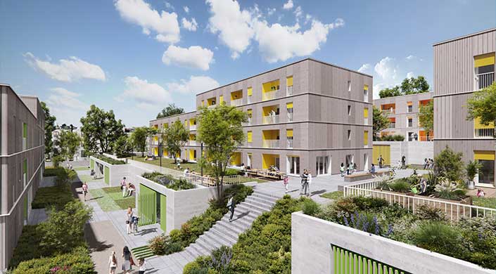 Modernes Wohngebäude mit gelben Balkonnischen, umgeben von Grünanlagen und einer breiten Treppe, bei sonnigem Wetter und blauem Himmel.