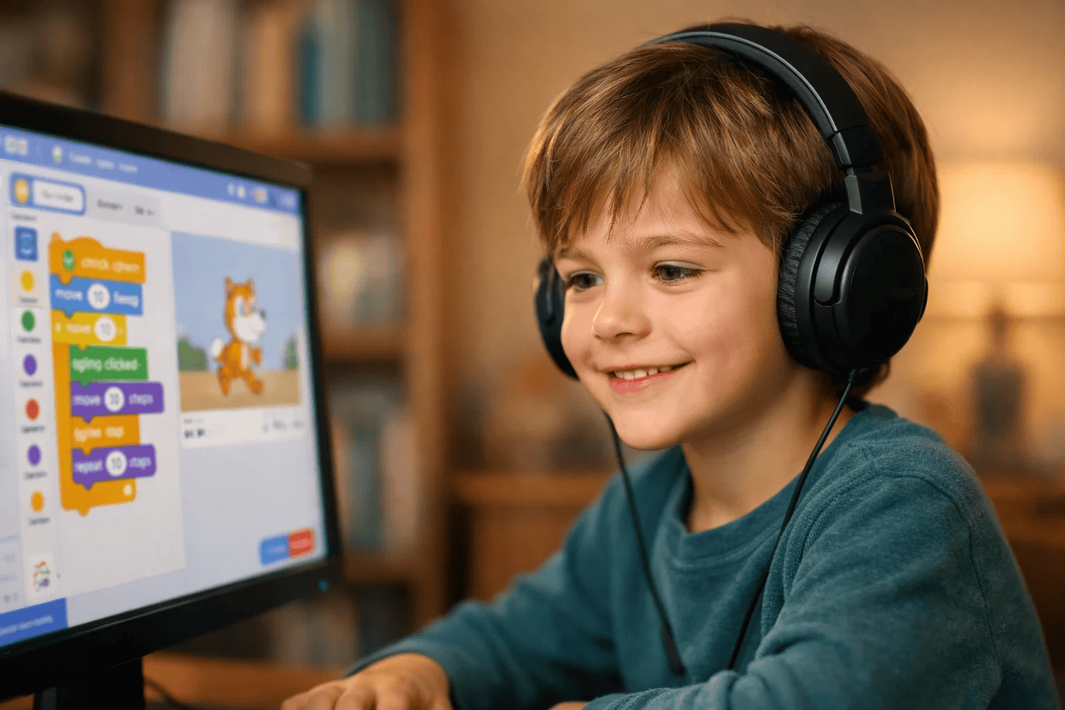 Young homeschool student engaged in an online Scratch coding class at home