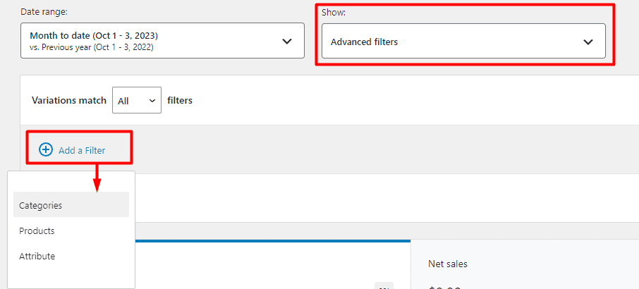 select advanced filters option and add categories filter in variations report