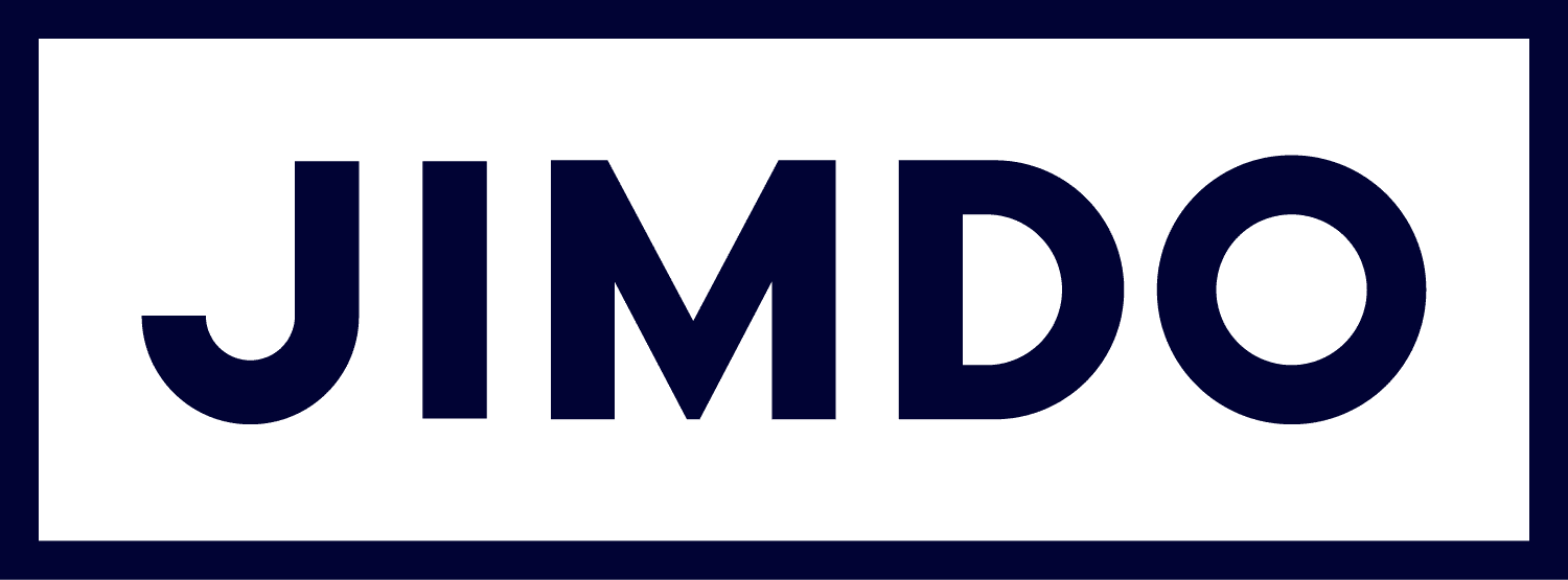 Logo der Website-Baukasten-Plattform Jimdo. Es zeigt den Schriftzug „JIMDO“ in dunkler, fettgedruckter Großschrift auf weißem Hintergrund, umrandet von einem dunkelblauen Rahmen.