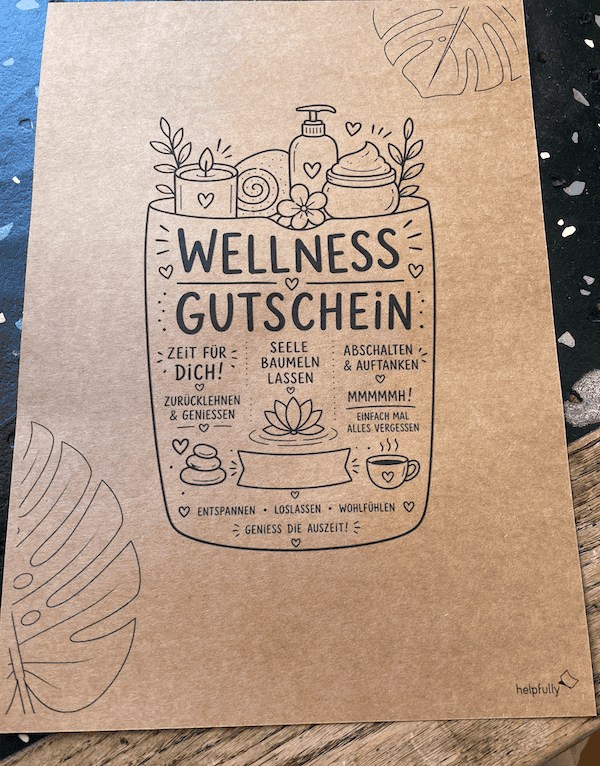 Gutschein zum Wellness-Tag, hier auf Kraftpapier ausgedruckt