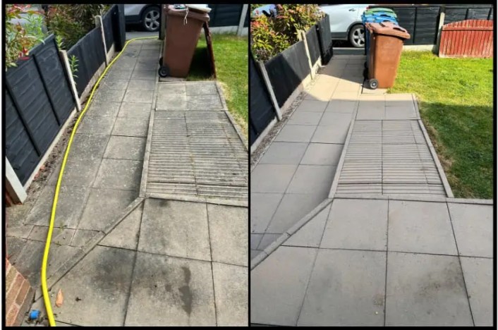 Jet washing patio with customer testimonial overlay