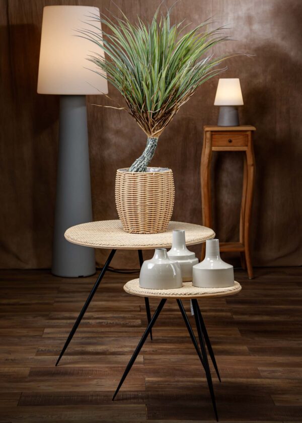 Dettaglio generale della yucca artificiale, con tronco realistico e vaso in vimini posizionato su tavolini di design - La pianta dona un tocco di verde naturale senza necessità di manutenzione