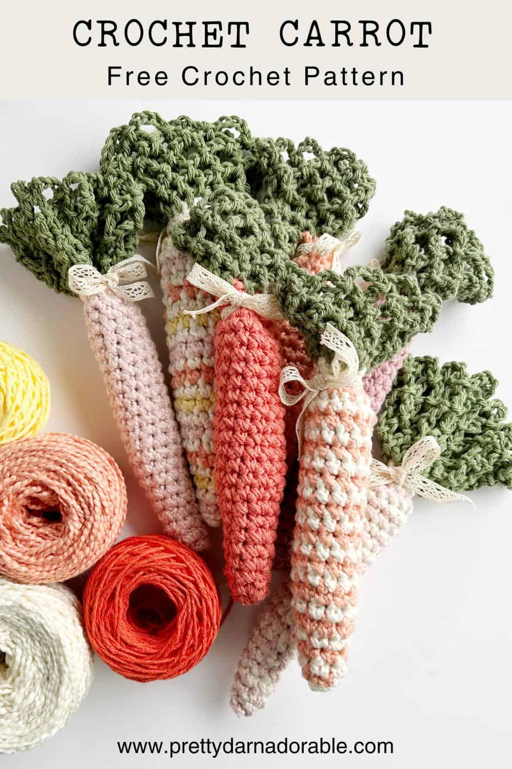 group of crochet carrots in solid and stripes