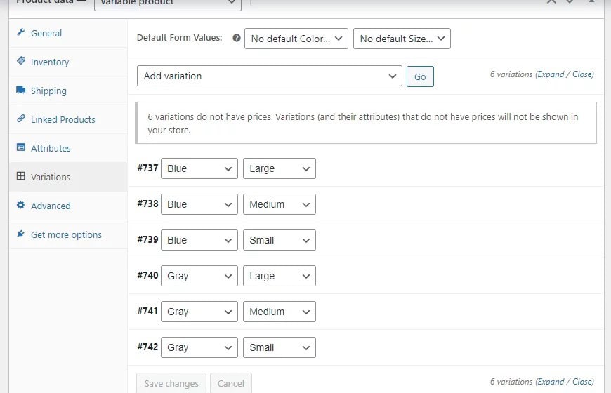 Set product variations in WooCommerce
