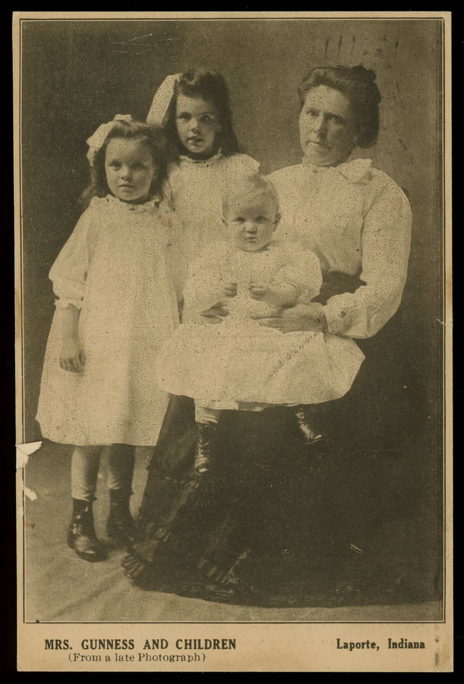 Belle Gunness and children, 1908 postcard