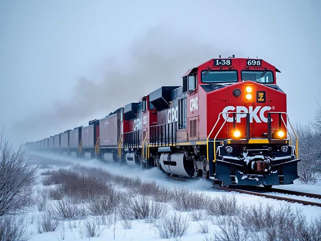 A bright red CPKC train engine, number 698, powers through a snowy landscape. The train, a Canadian Pacific Kansas City (CPKC) locomotive, moves along the tracks with a trail of steam, highlighting the impact of a potential railroad lockout on supply chains. The scene is set in winter, with low-lying brush and a cloudy sky.