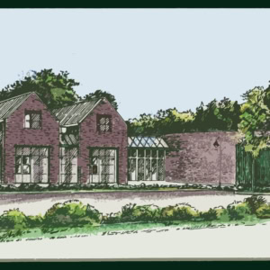 img053 artistic vertical Historic museum building with brick walls and glass conservatory section, surrounded by greenery, in a landscape setting.