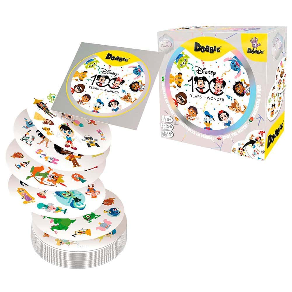 Célébration des 100 ans de Disney avec jeu de société Dobble, featuring des illustrations de personnages emblématiques Disney pour enfants.