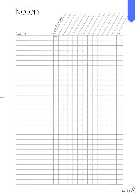 Notenliste für Lehrer für Fachfarbe Blau zum Ausdrucken