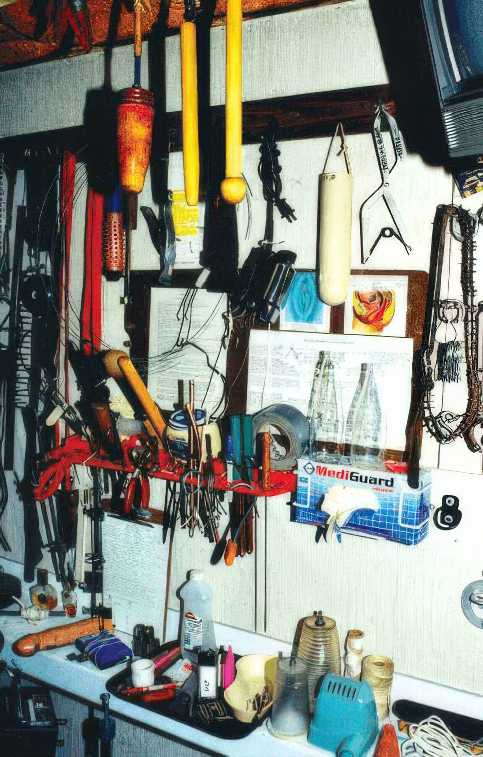 Assorted tools and implements hanging on a wooden wall inside a trailer.