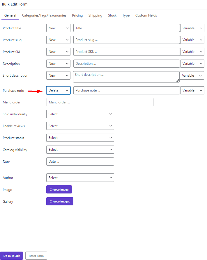 select delete variable for purchase not in Bulk Edit form
