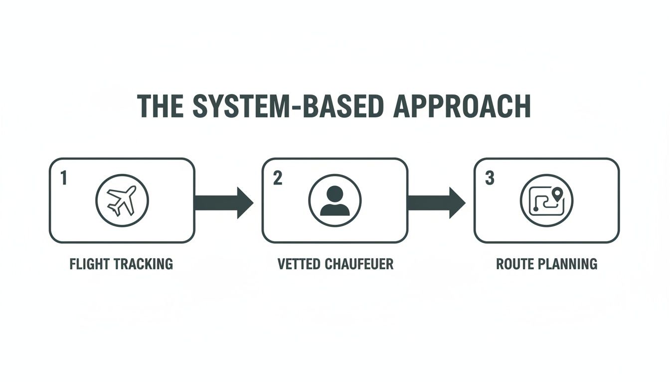 LAX Private Car Service: 5 Steps to End Airport Chaos for Good 2 Workflow diagram illustrating a three-step system: flight tracking, vetted chauffeur, and route planning.