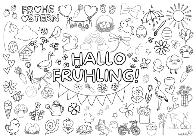 Hallo Frühling ! Ausmalbild für Ostern als Gratis-PDF - helpfully.de