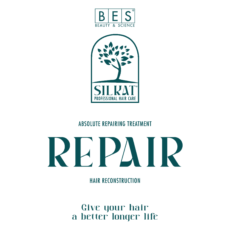 Logo for BES Silkat Professional Hair Care with text promoting an absolute repairing treatment for hair reconstruction and the slogan, "Give your hair a better longer life.