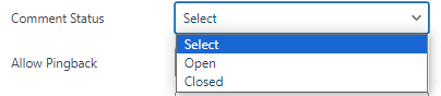 Select comment status field in WordPress bulk edit post/page plugin