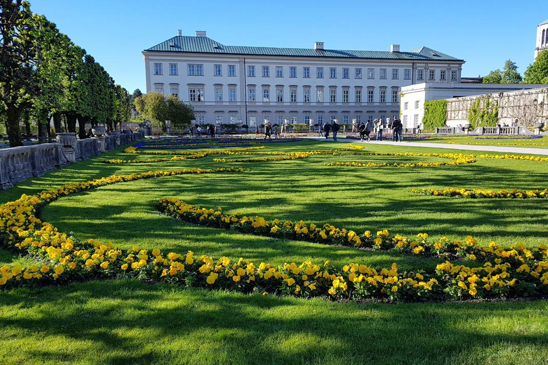 Gelbe Blumen vor dem Schloss Mirabell in Salzburg