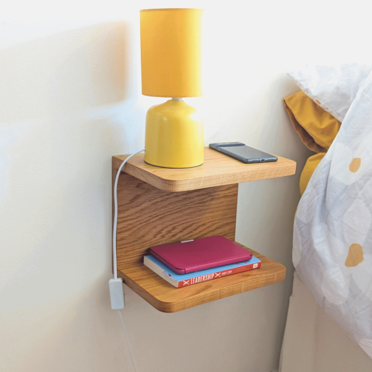Solid Oak Floating Bedside Shelf angled image from distance