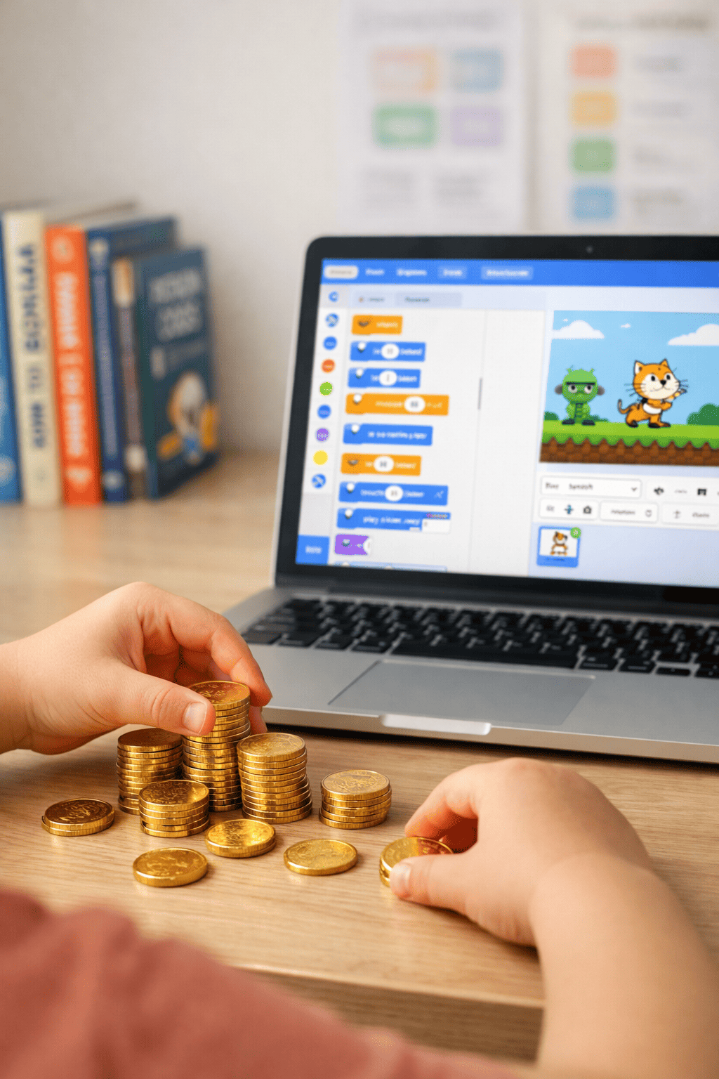 Child learning Scratch programming while creating custom currency system with gold coins and laptop showing game development interface