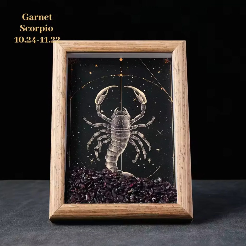 Scorpio Season 3 The Zodiac Crystal Frame – Astrology Wall Art with Healing Crystals features a scorpion on a starry background, garnet stones at the base, and “Garnet Scorpio 10.24–11.22” in the top left corner.