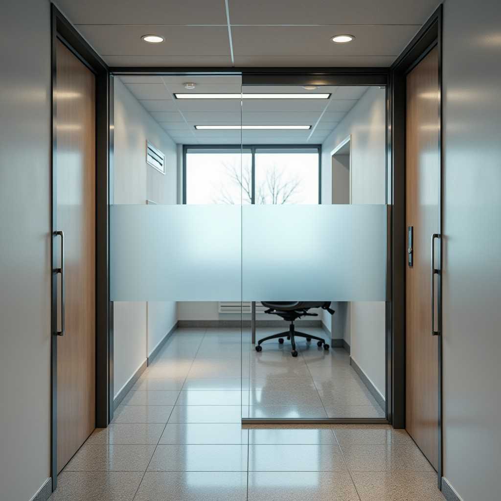 closed Glass Door used as interior door showing an office set and window behind it