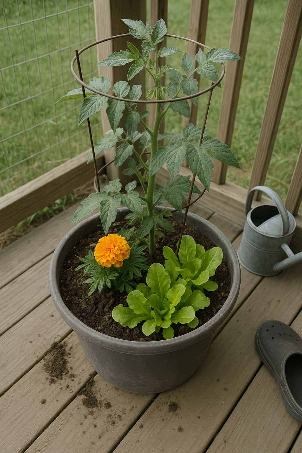 A potted plant sits on a wooden deck, containing a tomato plant supported by a wire cage, with companion plants for tomatoes like yellow marigold and leafy green lettuce. A metal watering can and one gray sandal are nearby.