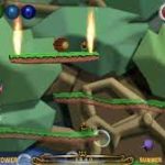 Jets de feu éclairant un décor rouge et vert dans un jeu de plateforme fantasy.