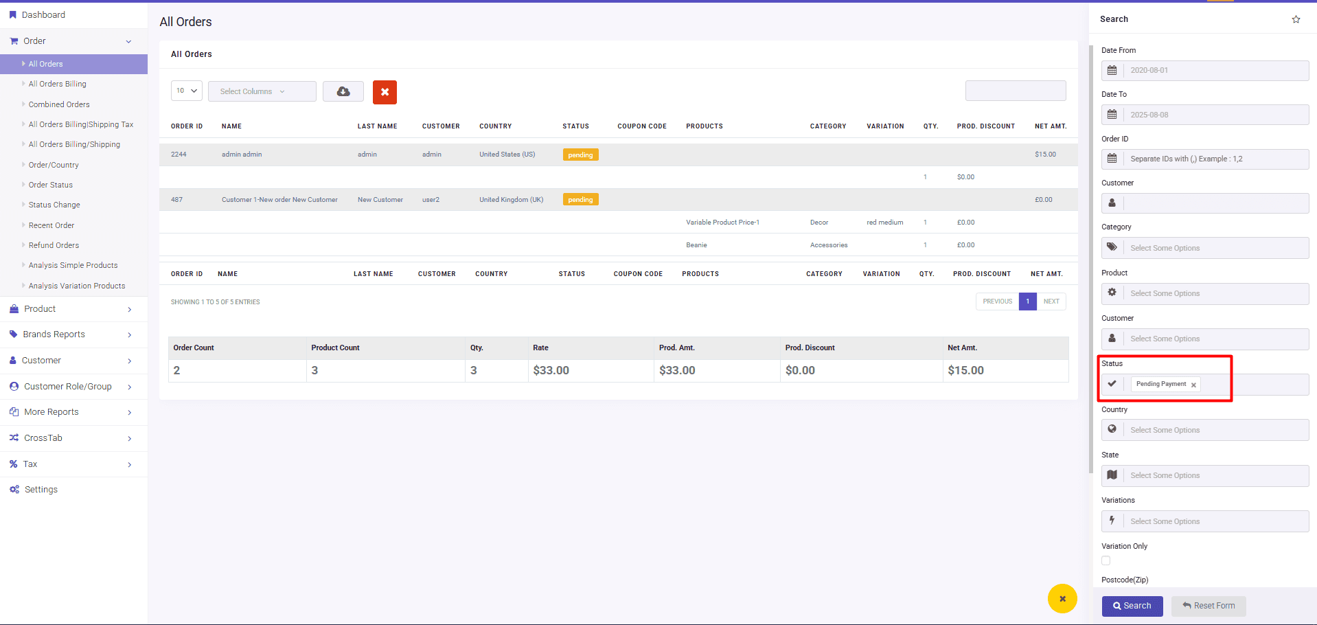 Filter reports on payment status