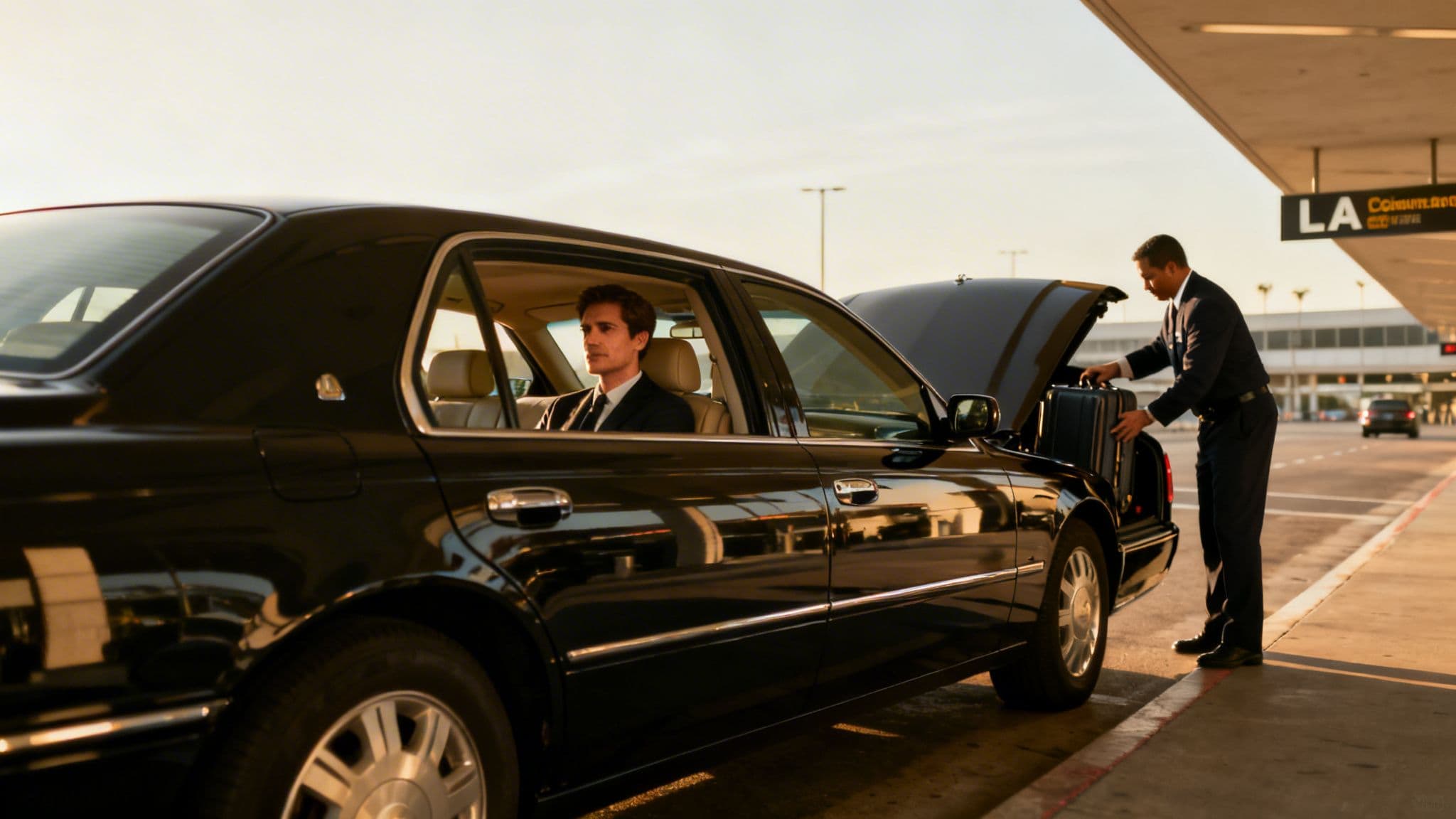 The Best Car Service to LAX: A 5-Step Guide to Quiet Confidence 2 Chauffeur loading luggage into a black luxury car for a passenger at an airport terminal.