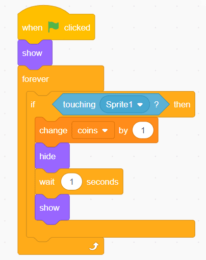 Scratch touch mechanics code blocks showing coin collection system with hide show sequence