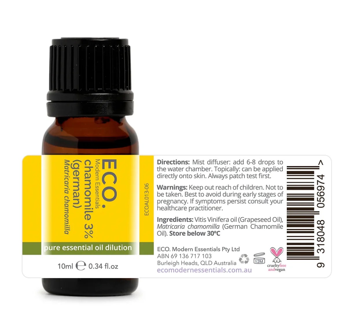 A 10ml amber glass bottle labeled German Chamomile 3% in Grapeseed Oil features a white and yellow design with dosage directions, warnings, barcode, and ingredients printed on the packaging.