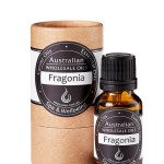 A brown glass bottle of Fragonia Essential Oil – 100% Pure Australian Agonis Fragrans sits beside its matching cardboard tube packaging, both displayed against a white background.