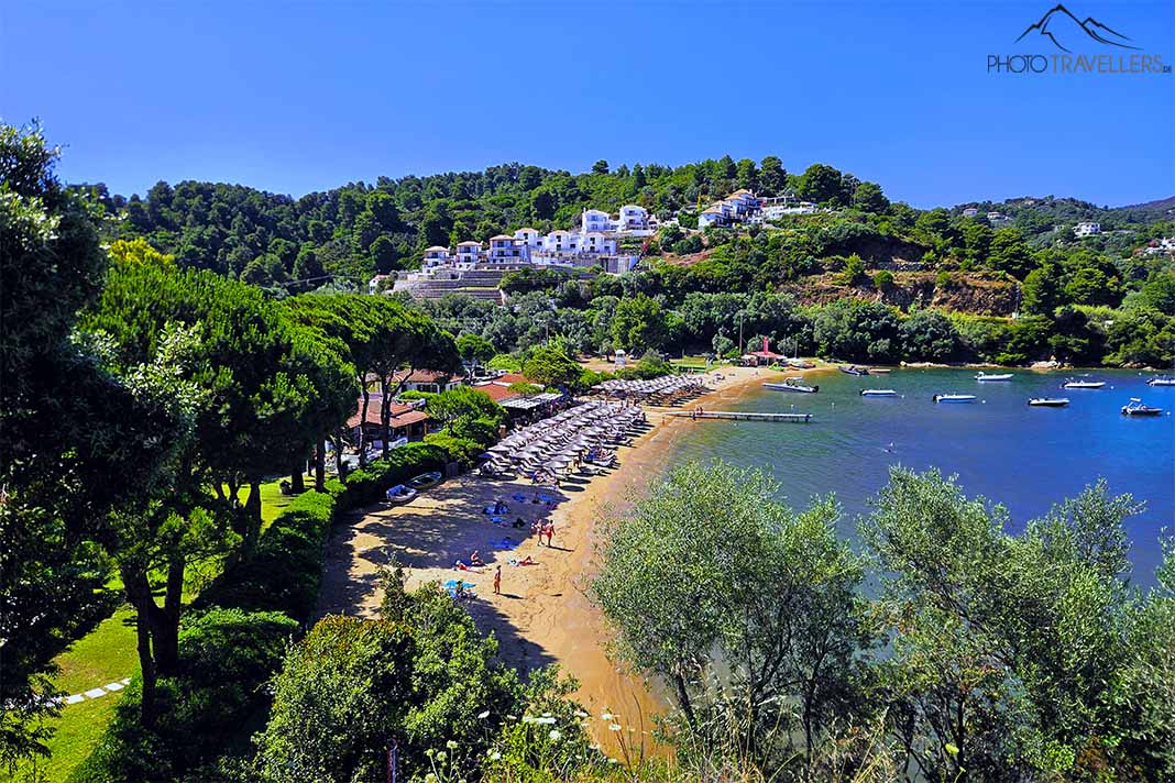 Blick von oben auf den Tzaneria-Strand mit türkisblauem Meer und Wald dahinter