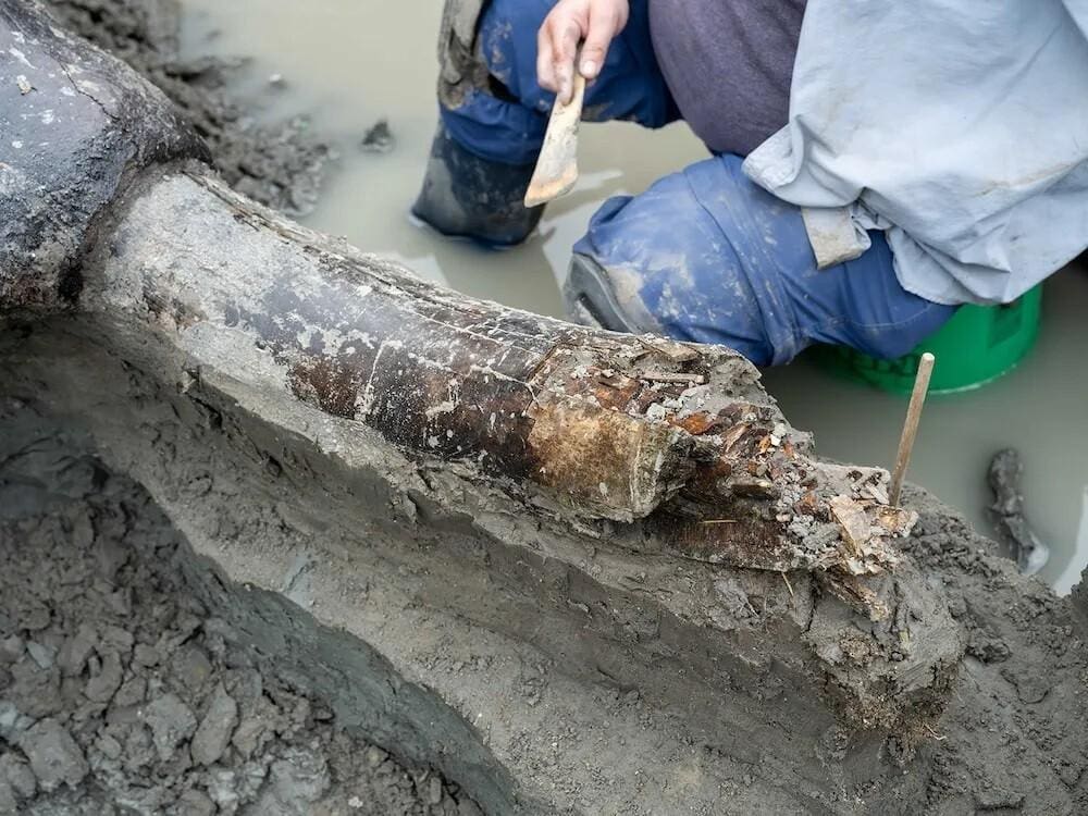 An archaeologist carefully excavates a well-preserved mastodon skull from a creekbed in Iowa. The ancient mastodon skull, part of a "massive mastodon" find, is surrounded by muddy soil and water, highlighting the "archaeological dig" site. The "prehistoric remains" are meticulously uncovered, showcasing the "Iowa artifacts" and "ancient fossils".