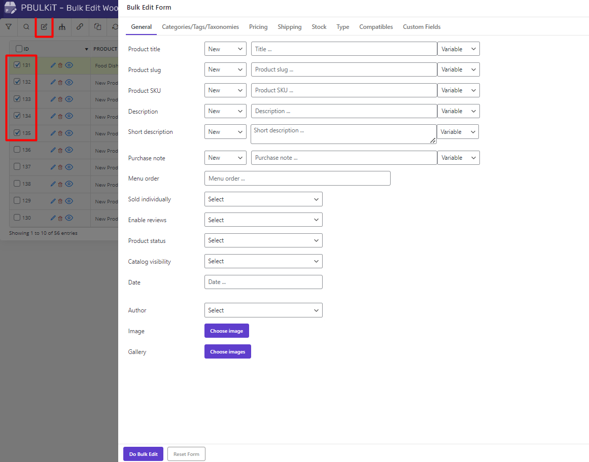Bulk edit WooCommerce multi product fields