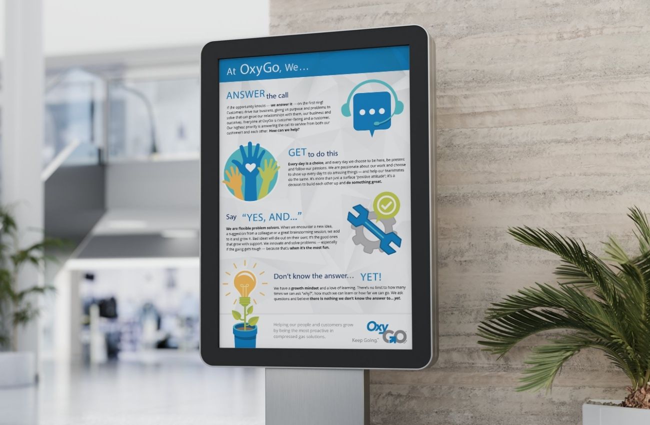 Informational core values lobby display, design and marketing