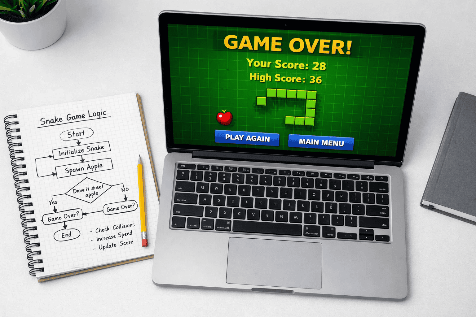 Completed Python snake game challenge running on laptop with planning notebook showing game logic diagrams