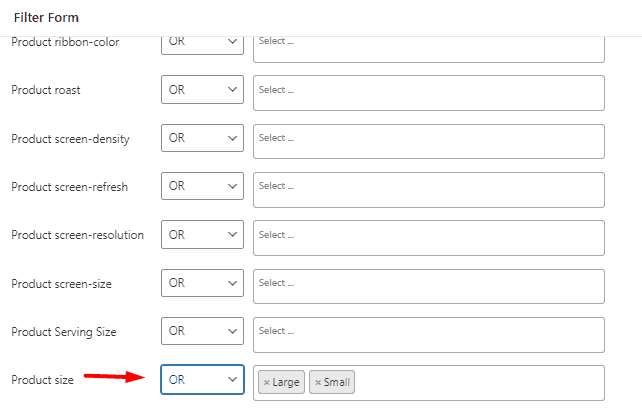 select product size field in filter form