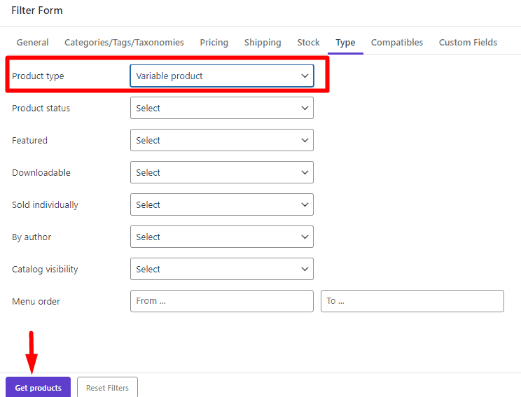 filter WooCommerce products by product type in WooCommerce products bulk edit plugin