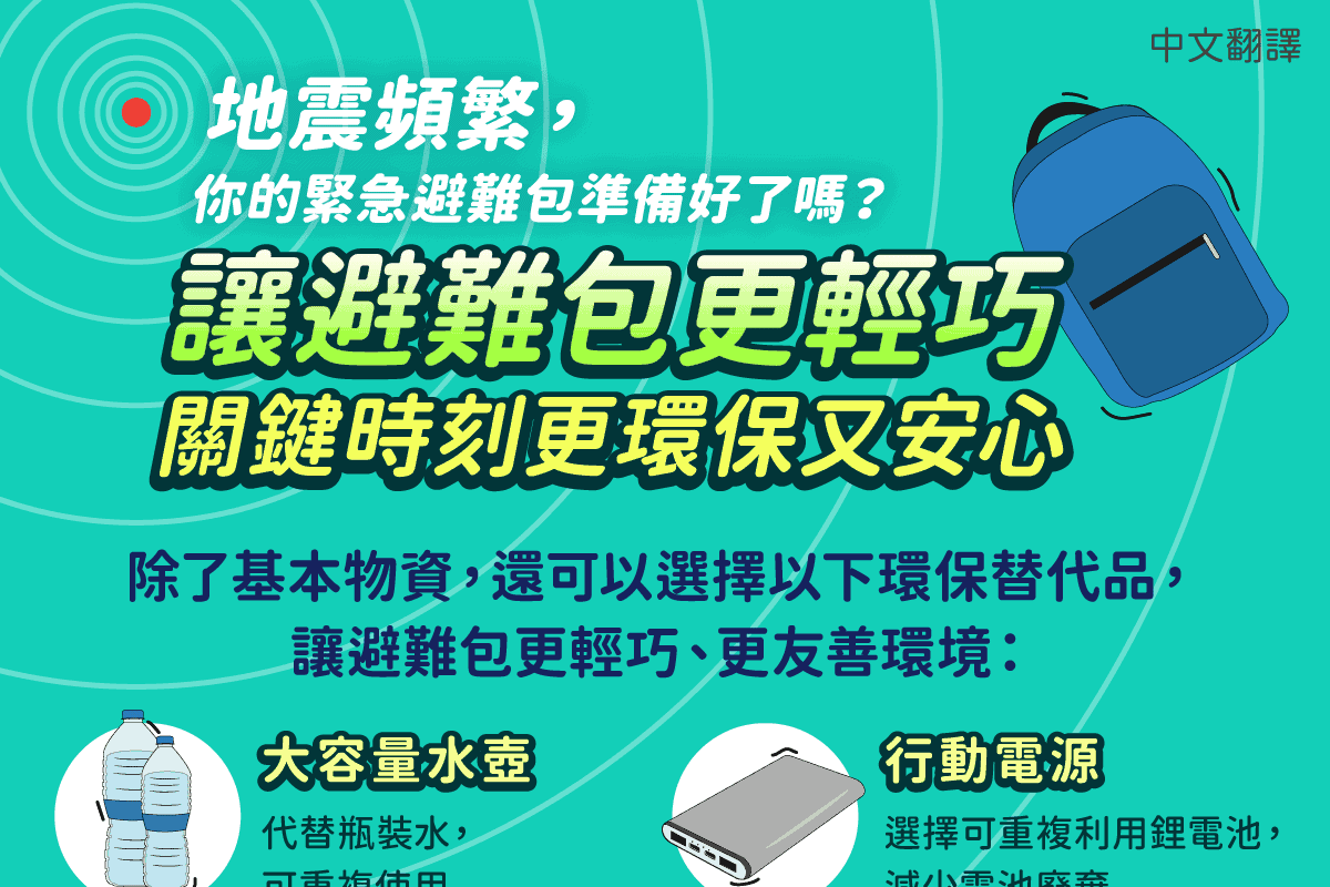 移工宣導|讓避難包更輕巧,關鍵時刻更環保又安心!(生活)-多國語 移工宣導|讓避難包更輕巧,關鍵時刻更環保又安心!(生活)-多國語示意圖