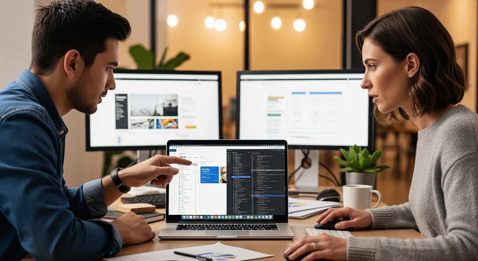 2025 client success stories Collaborating on code with laptops in modern office.
