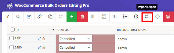 Select export icon in orders bulk edit plugin toolbar