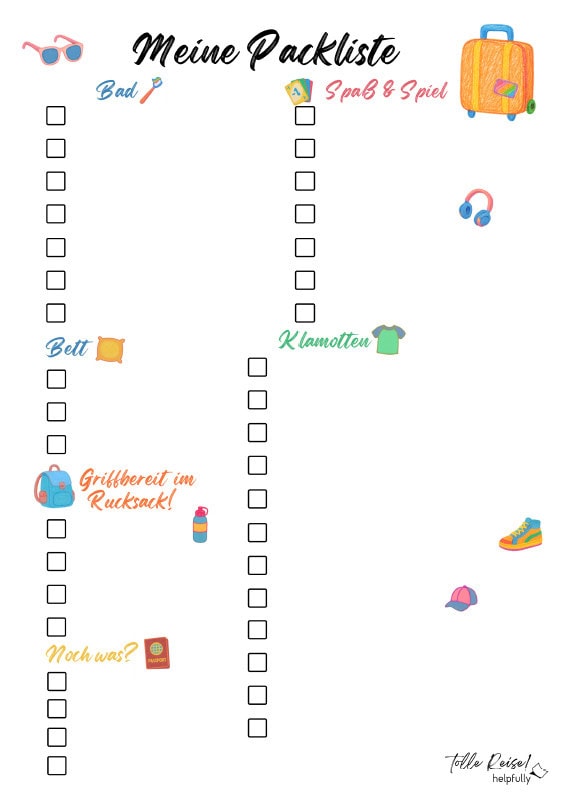 Ferien-Packliste für Kinder als Blanko-Vorlage zum Ausdrucken