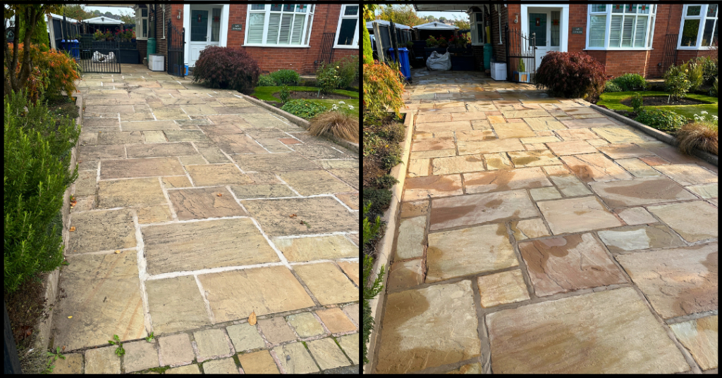 Indian sandstone patio before after Stafford - colour restoration pressure washing soft wash Williams Exterior Shine