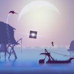 Ancienne maison en construction sur pilotis, bateaux sur l'eau, ciel crépusculaire avec la lune en arrière-plan, scène de jeu vidéo d'aventure et d'exploration.