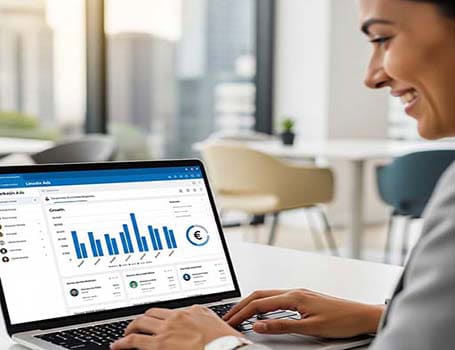 the hidden costs of poor linkedin ads management dublin Woman analysing data charts on laptop in office.