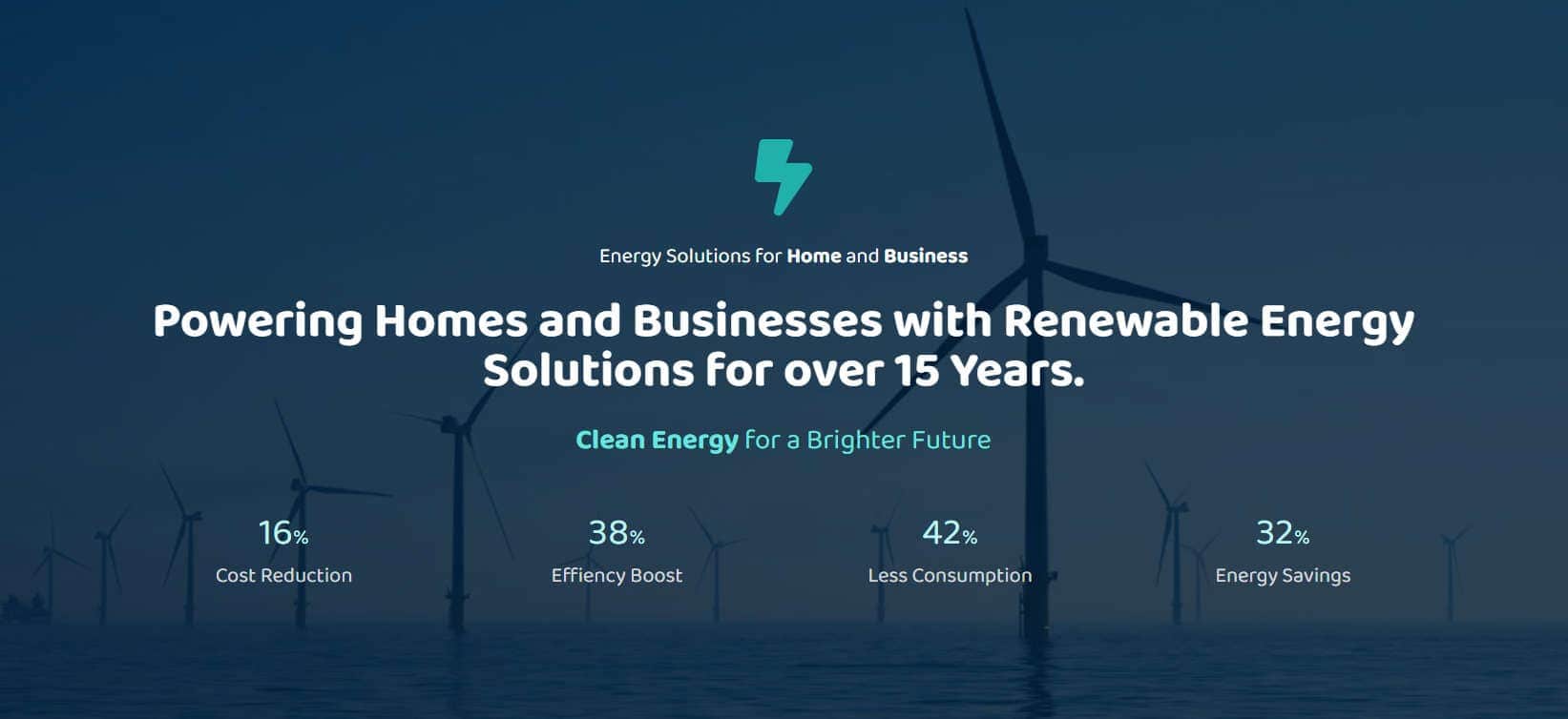Visit website Image of a group of wind turbines at sea, showing the clean energy provided.