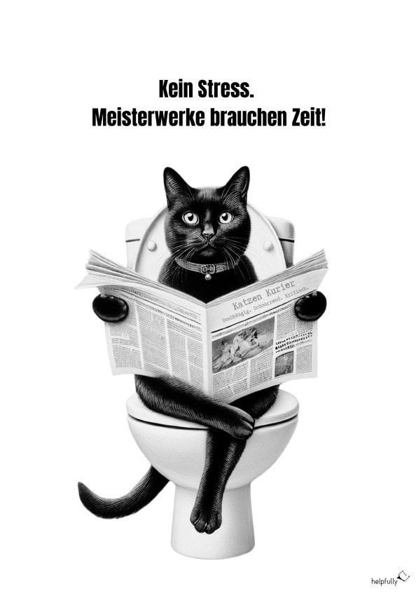 Lustiges Wandbild in Schwarz weiß mit Katze auf WC und Zeitung und Spruch Kein Stress, Meisterwerke brauchen Zeit